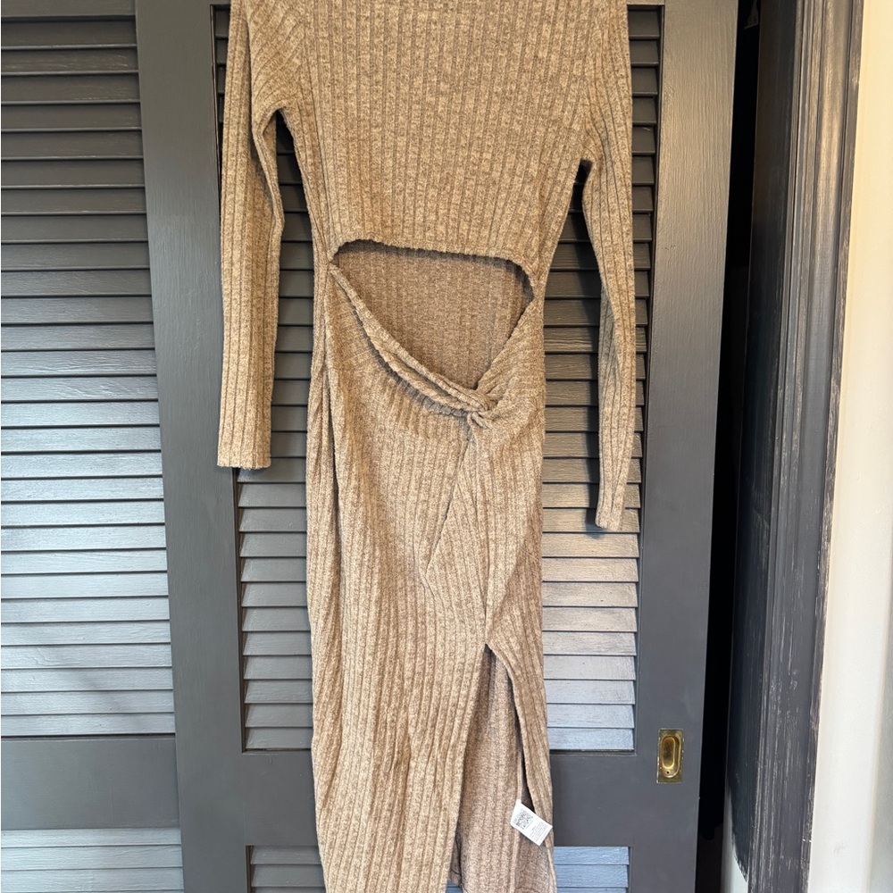 Shein Knit Twist-Midriff Long Sleeve Midi Dress